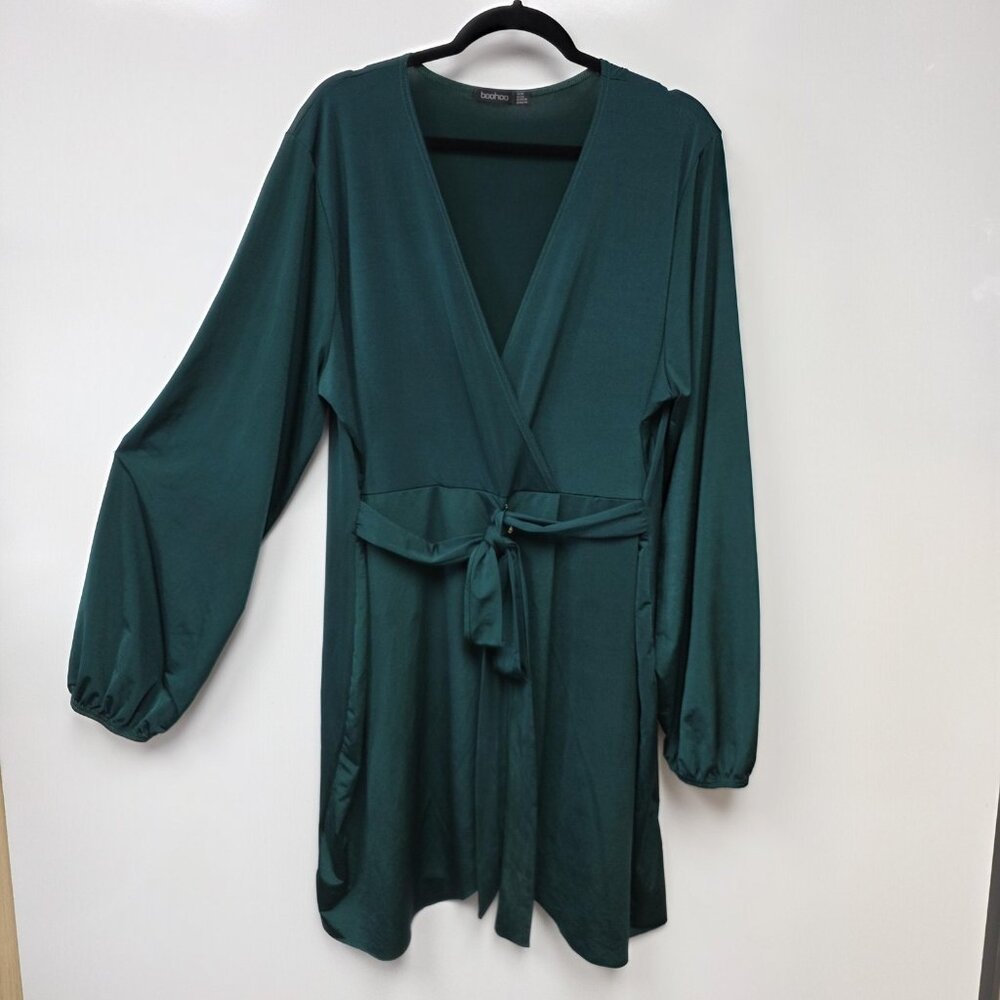 Boohoo Dress Womens 24 Green Wrap V Neck Long Sleeve Tie Waist Short Jersey Plus